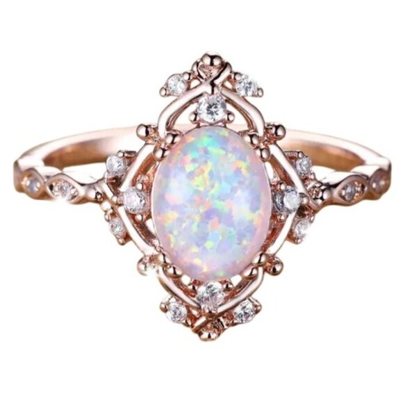 White Egg Shape Opal Rings Ethiopian Fire Opal Engagement Ring 14K Gold plated - Picture 5 of 5